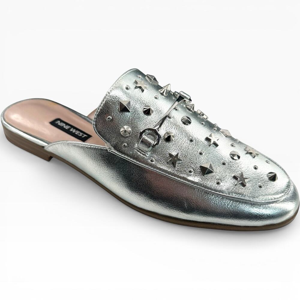 Nine West Welynne Silver Metallic Star Studded Loafer Mule Slip On Shoe Size 8.5